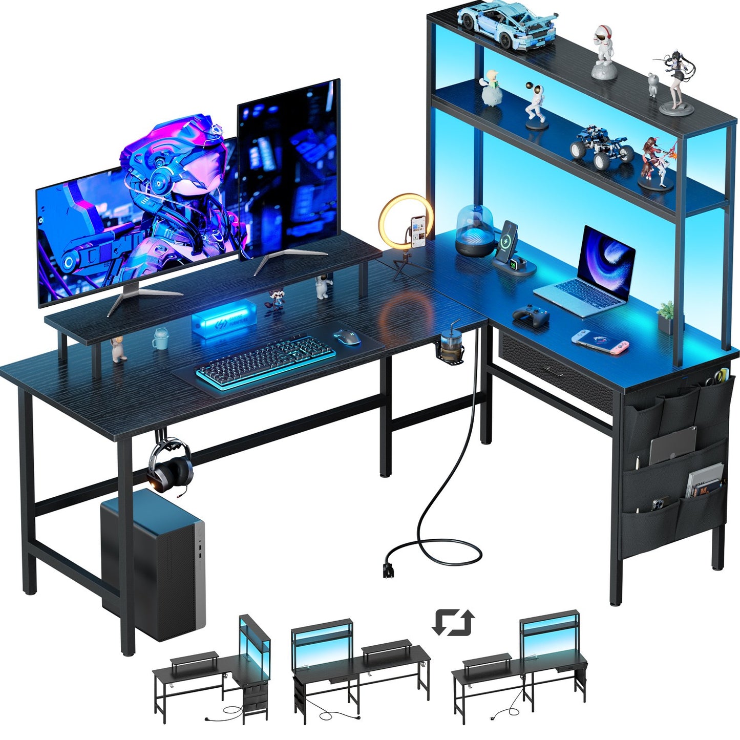 L Shaped Gaming Desk with LED & Power Outlets, Computer Desk with Monitor Stand