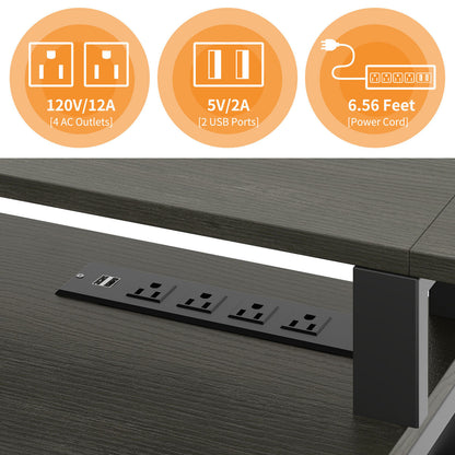 65 in L Shaped Computer Desk with File Drawer Desk w/ Power Outlets & LED Lights