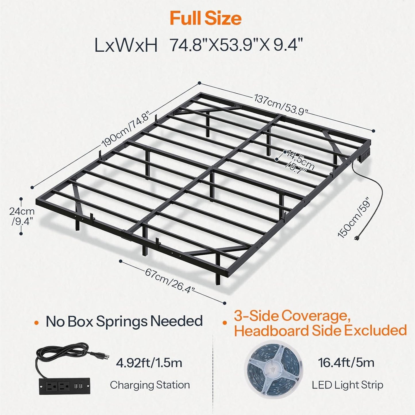 HOOBRO Floating Bed Frame Full Size Bed Frame w/Charging Station and LED Lights