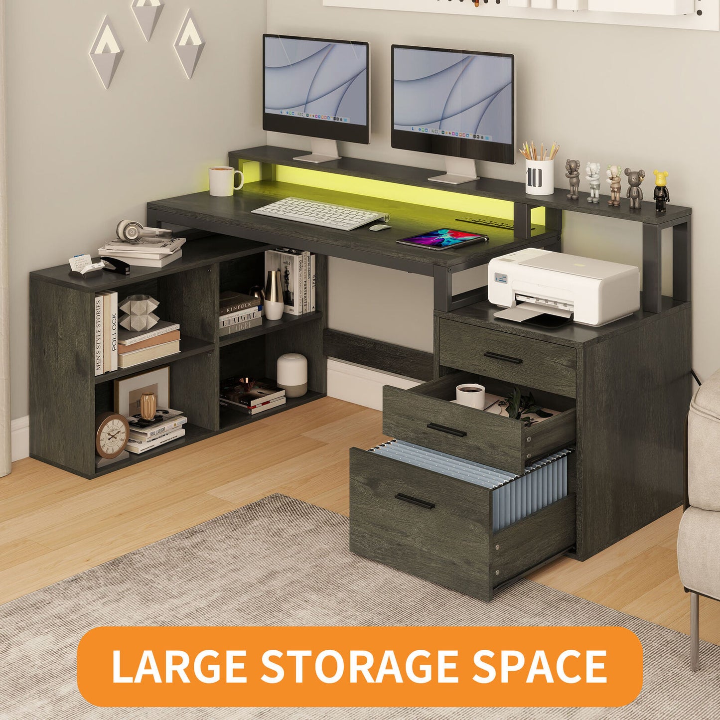 65 in L Shaped Computer Desk with File Drawer Desk w/ Power Outlets & LED Lights