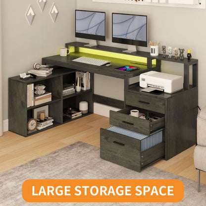 65 in L Shaped Computer Desk with File Drawer Desk w/ Power Outlets & LED Lights