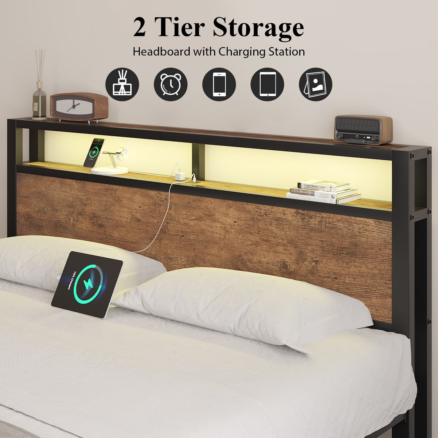 LED Light Bed Frame with 2-Tier Storage Headboard and Charging Station/Grey