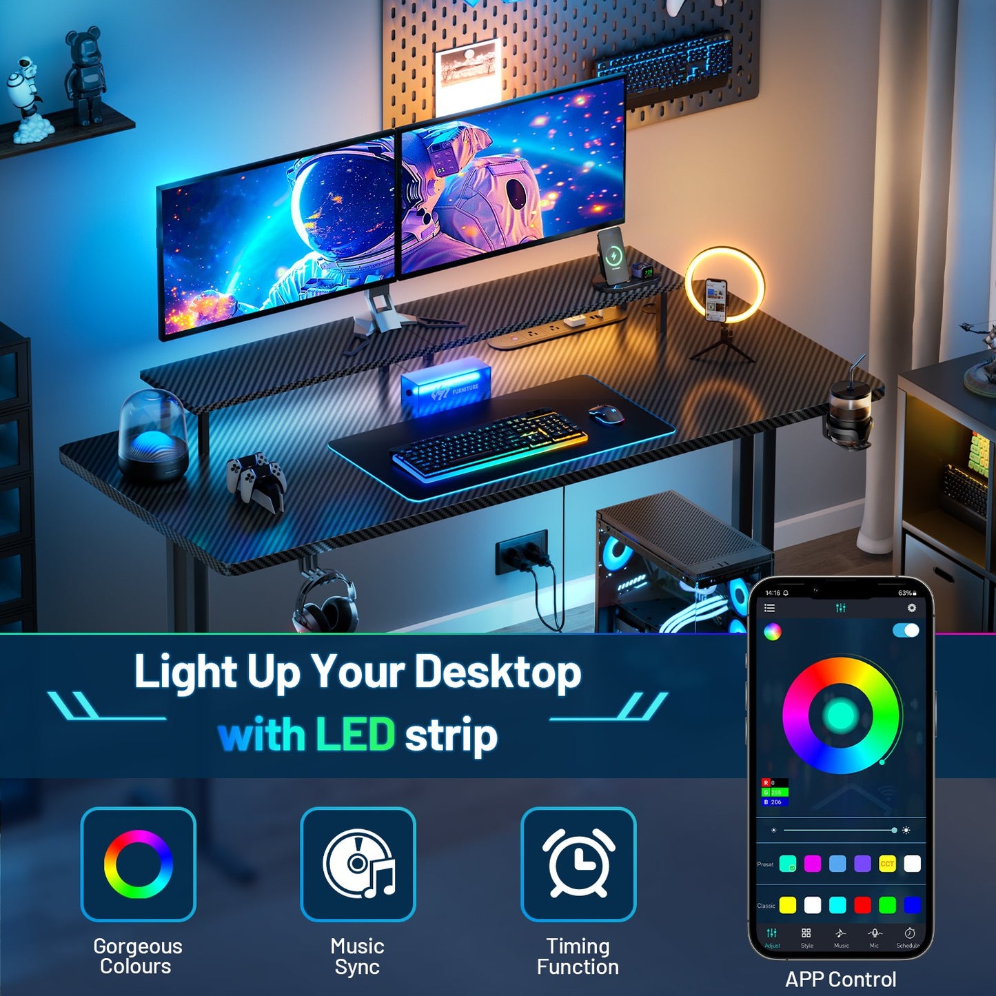 Gaming Desk with LED Lights & Power Outlets, Gamer Desk with Monitor Stand