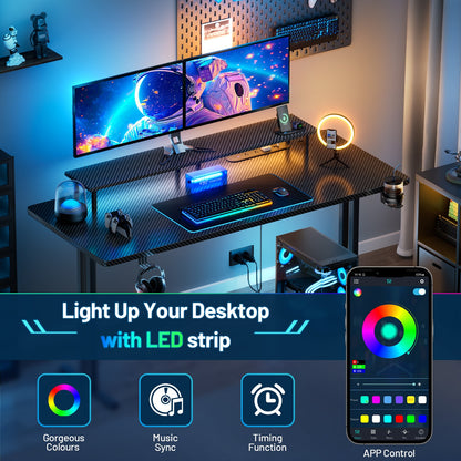 Gaming Desk with LED Lights & Power Outlets, Gamer Desk with Monitor Stand