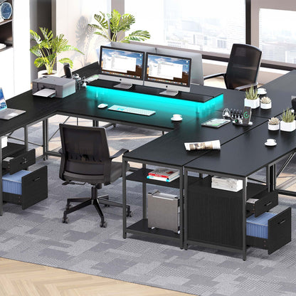 79 inch U Shaped Desk with Power Outlets & LED Lights Reversible Computer Desk
