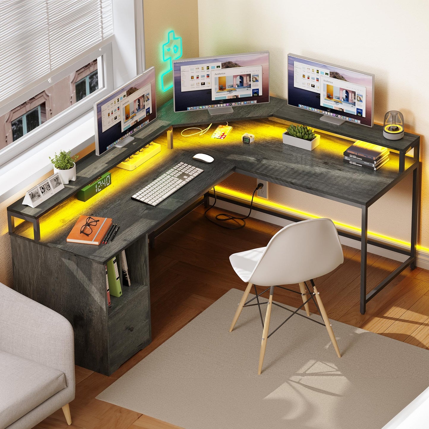 L Shaped Desk Corner Gaming Desk Computer Desk with Power Outlets & LED Lights