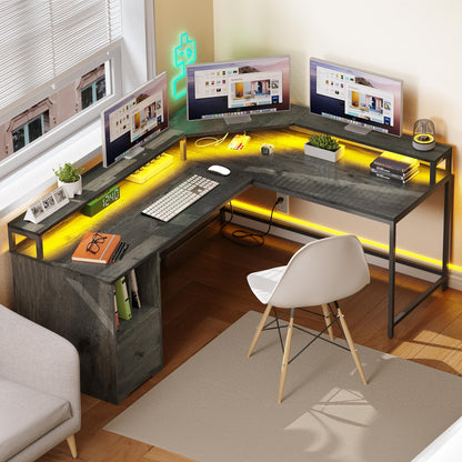 L Shaped Desk Corner Gaming Desk Computer Desk with Power Outlets & LED Lights