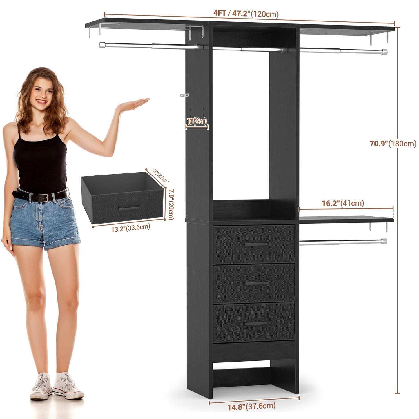 48'' Closet System with 3 Drawers Closet Organizer System Built-In Clothes Rack