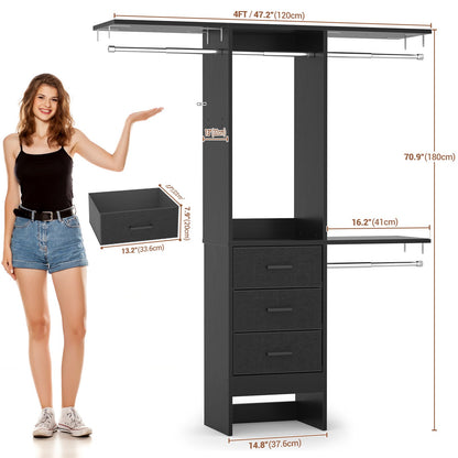 48'' Closet System with 3 Drawers Closet Organizer System Built-In Clothes Rack