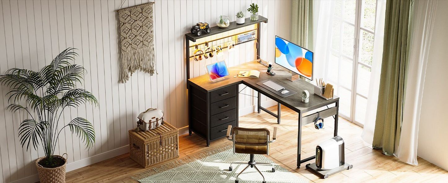 Office Table Reversible Computer Desk L Shaped Gaming Desk w/ Hook & LED Lights