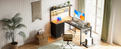 Office Table Reversible Computer Desk L Shaped Gaming Desk w/ Hook & LED Lights