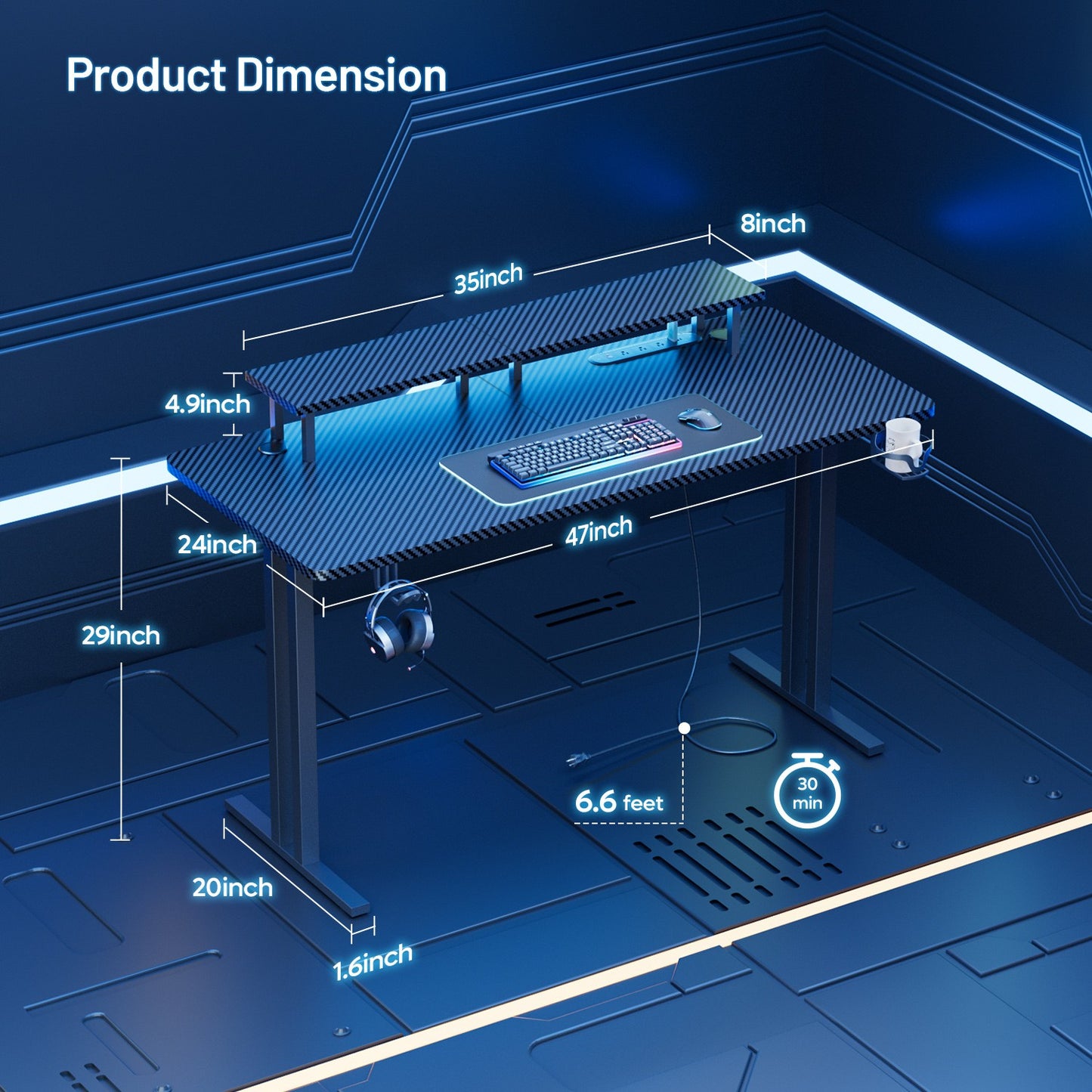 Gaming Desk with LED Lights & Power Outlets, Gamer Desk with Monitor Stand