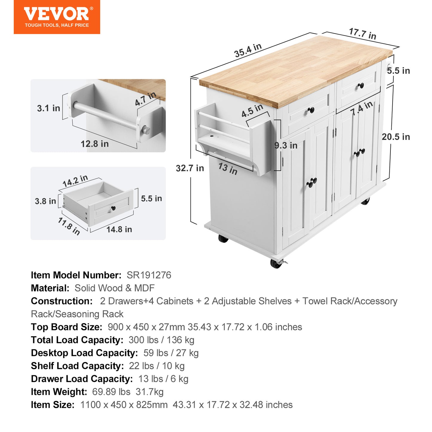 VEVOR 35.4" Kitchen Island Cart Rolling Storage Cabinet Cart with Drawer & Rack