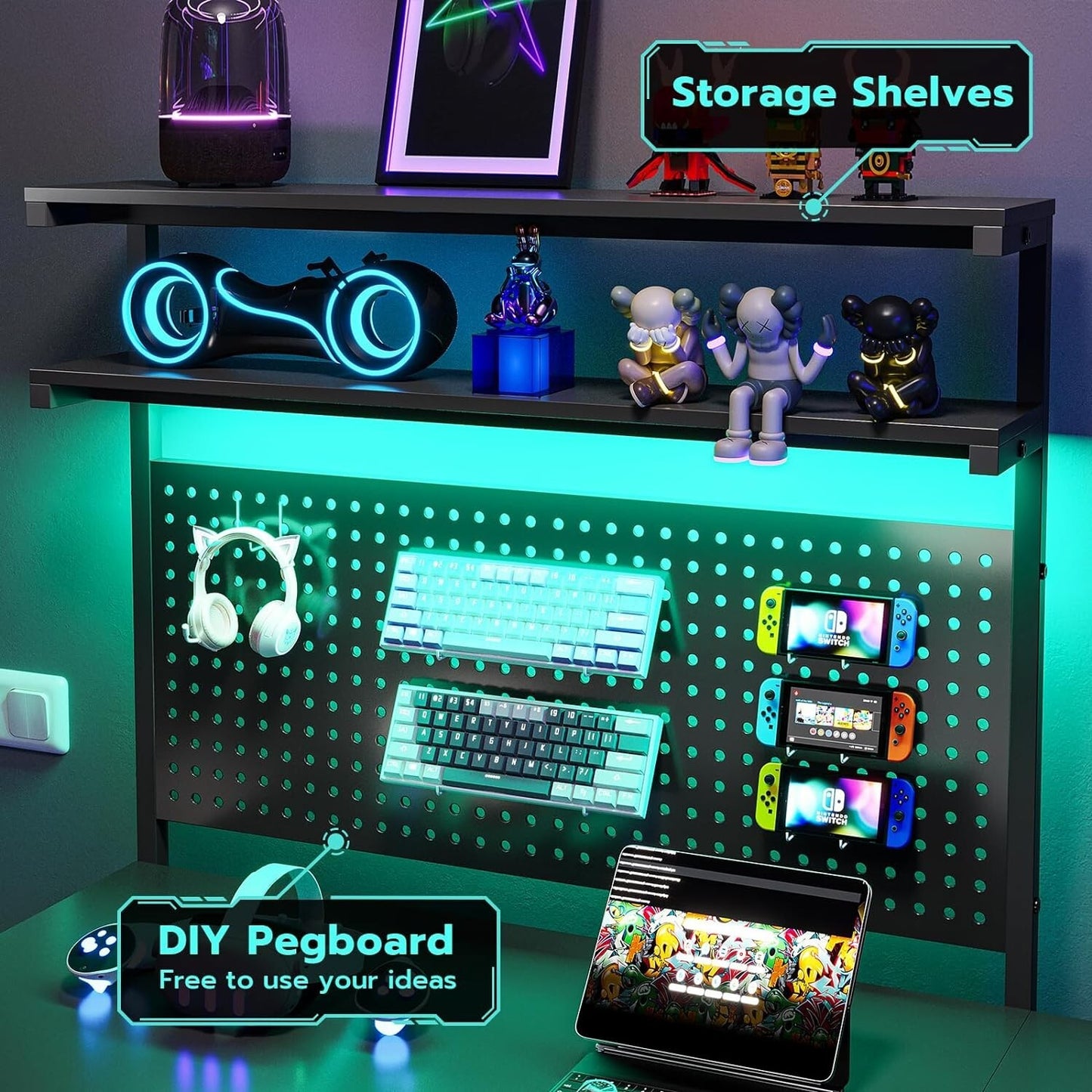 L Shaped Gaming Desk with LED Lights&Monitor Stand Computer Desk for Home Office