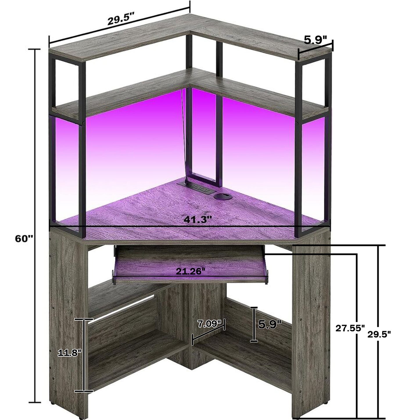 Triangle Corner Computer Desk with Keyboard Tray & Hutch & LED Lights & Outlets