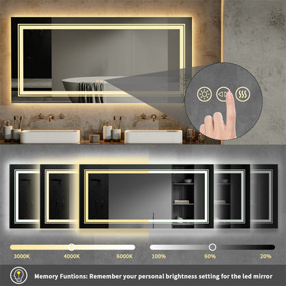Bathroom Mirror with Front+Backlit Lights Dimmable Wall Vanity Mirrors Anti-Fog