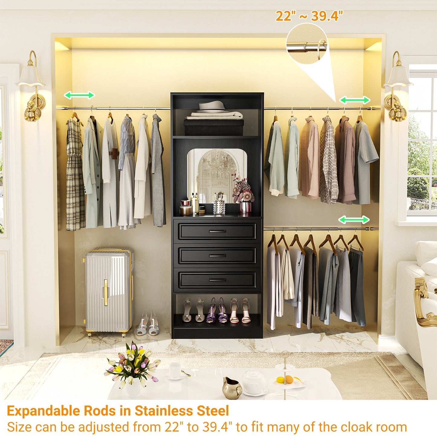 48''-96'' Walk-in Closet Organizer System with Mirror ＆ Drawers ＆ 3 Hanging Rods