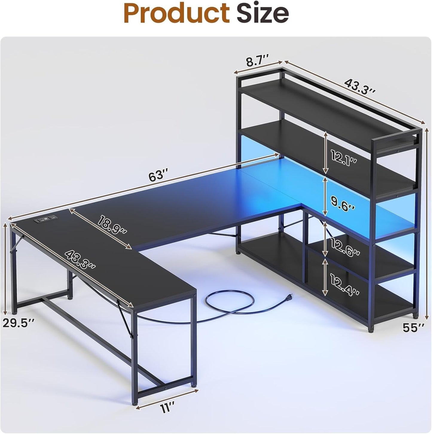 L Shaped Computer Desk, 63" Reversible Office Desk w/Storage Shelves &LED Lights