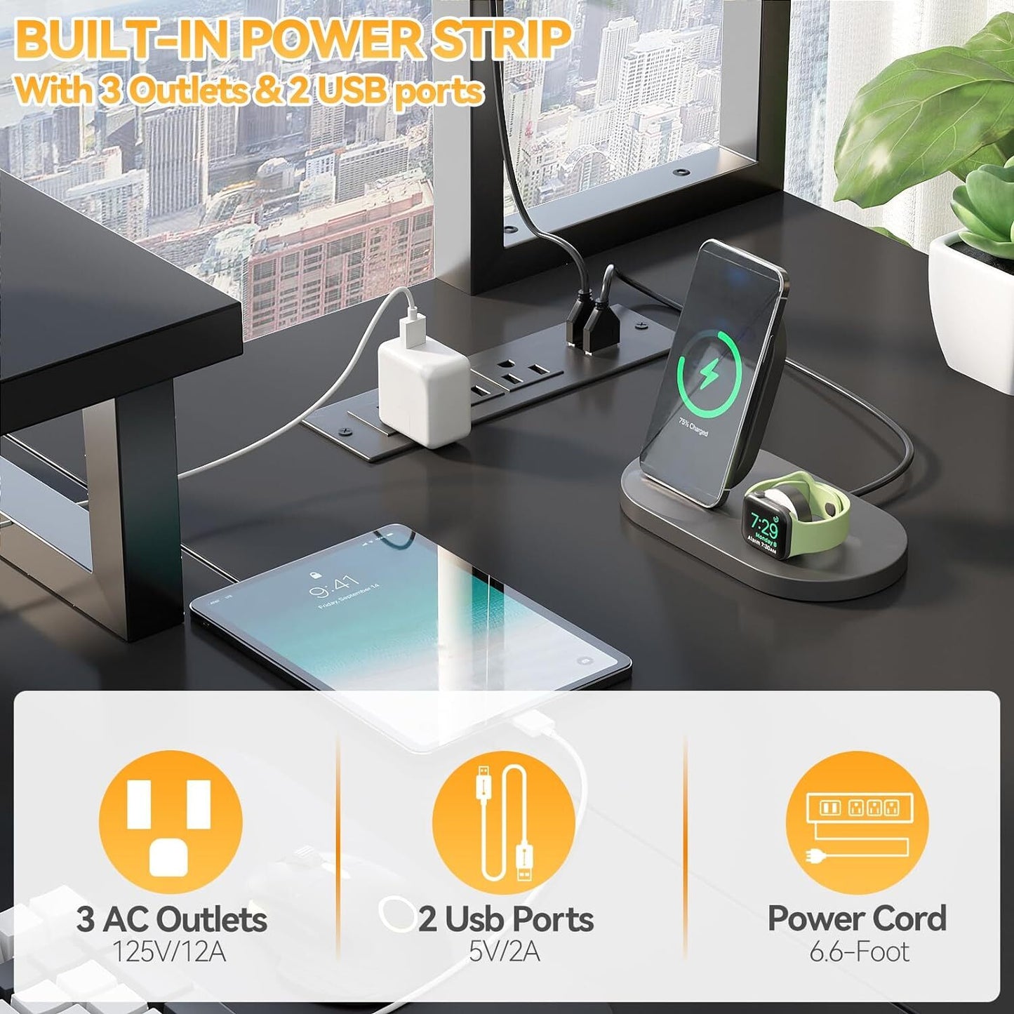 Reversible L-Shaped Computer Desk Gaming Desk with LED Lights and Power Outlets