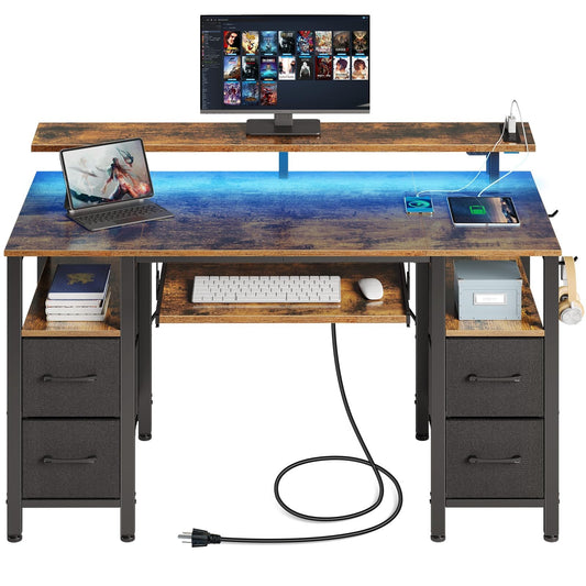 Computer Desk 47.2" with LED Lights & Power Outlets, Home Office Desk with 4 ...