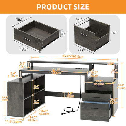 65 in L Shaped Computer Desk with File Drawer Desk w/ Power Outlets & LED Lights