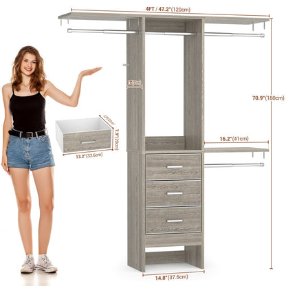 48'' Closet System with 3 Drawers Closet Organizer System Built-In Clothes Rack