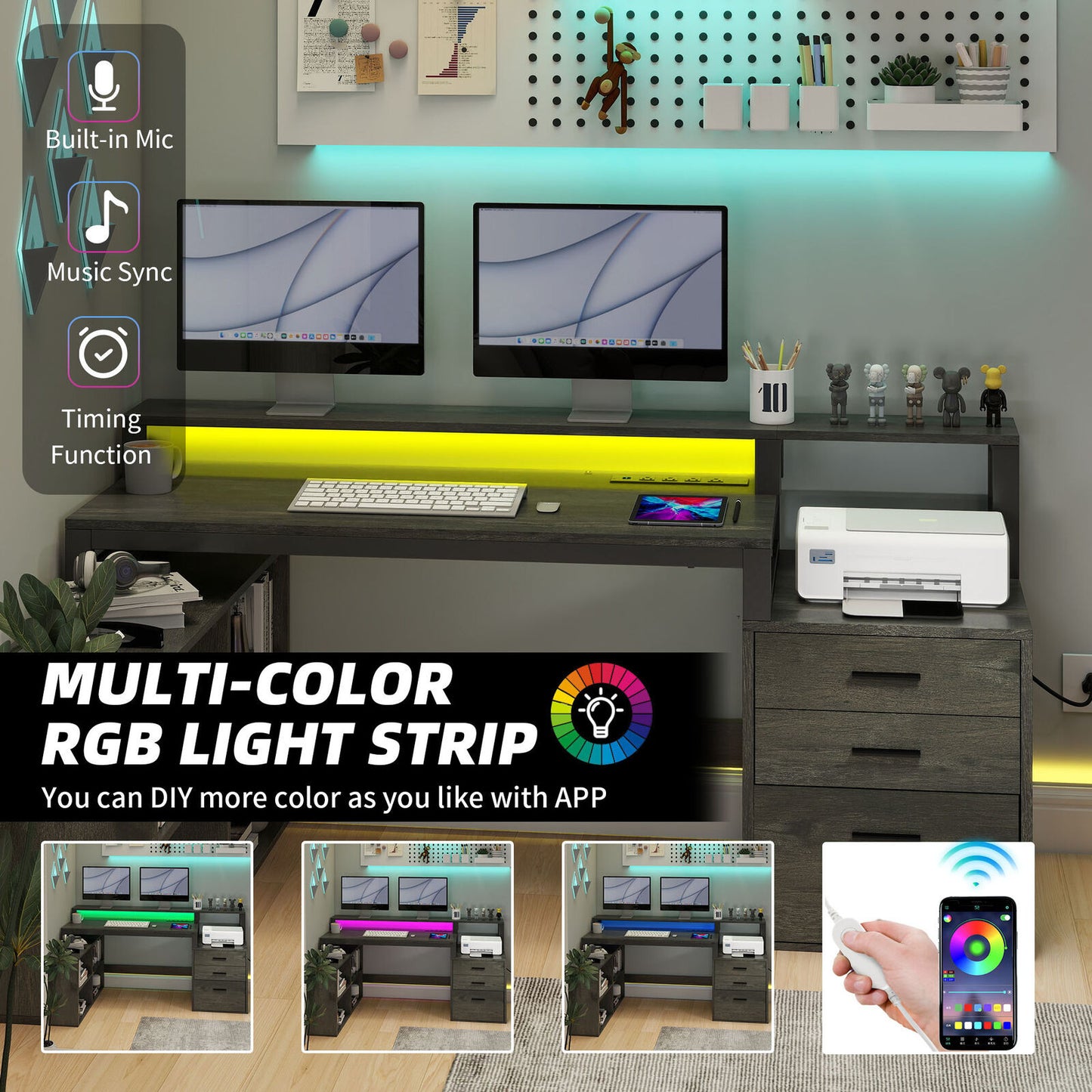 65 in L Shaped Computer Desk with File Drawer Desk w/ Power Outlets & LED Lights