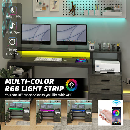 65 in L Shaped Computer Desk with File Drawer Desk w/ Power Outlets & LED Lights