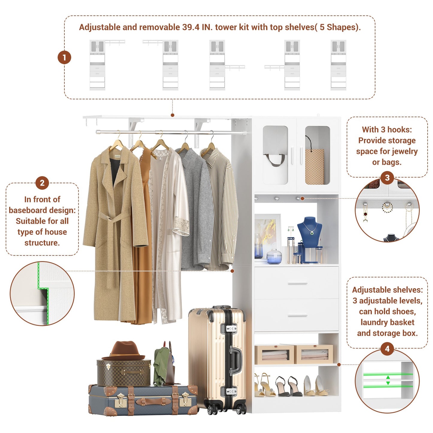 60'' W Walk-in Closet Organizer System with Door Storage Cabinet and Wood Drawer