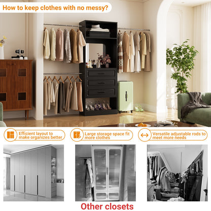 48''-96'' Walk-in Closet Organizer System with Mirror ＆ Drawers ＆ 3 Hanging Rods