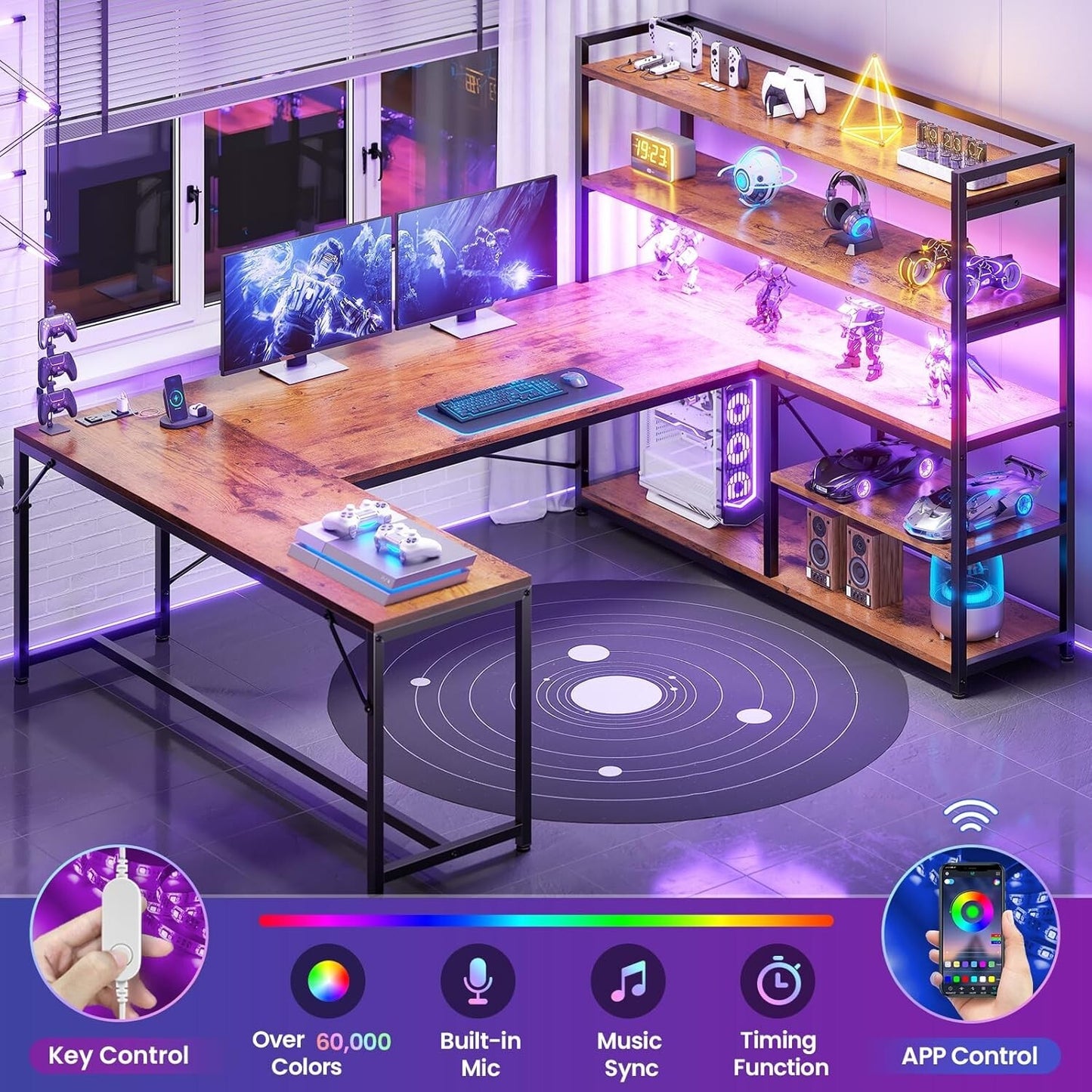 L Shaped Computer Desk, 63" Reversible Office Desk w/Storage Shelves &LED Lights