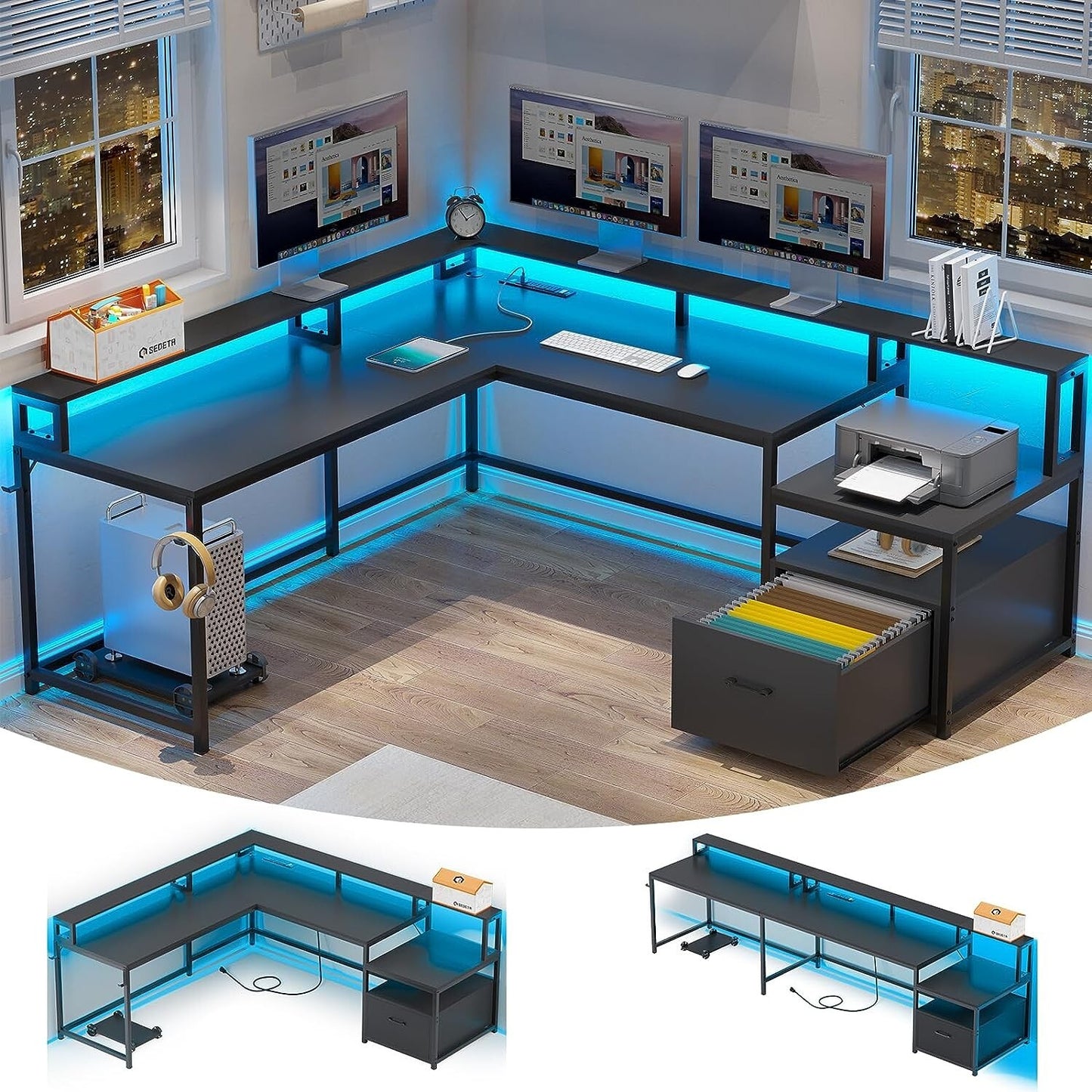 L Shaped Computer Desk with Led Lights 66" Home Office Desk with Power Outlet