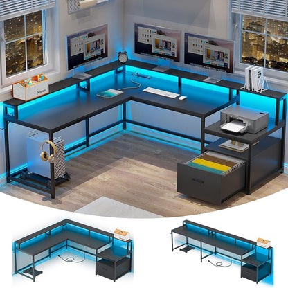 L Shaped Computer Desk with Led Lights 66" Home Office Desk with Power Outlet