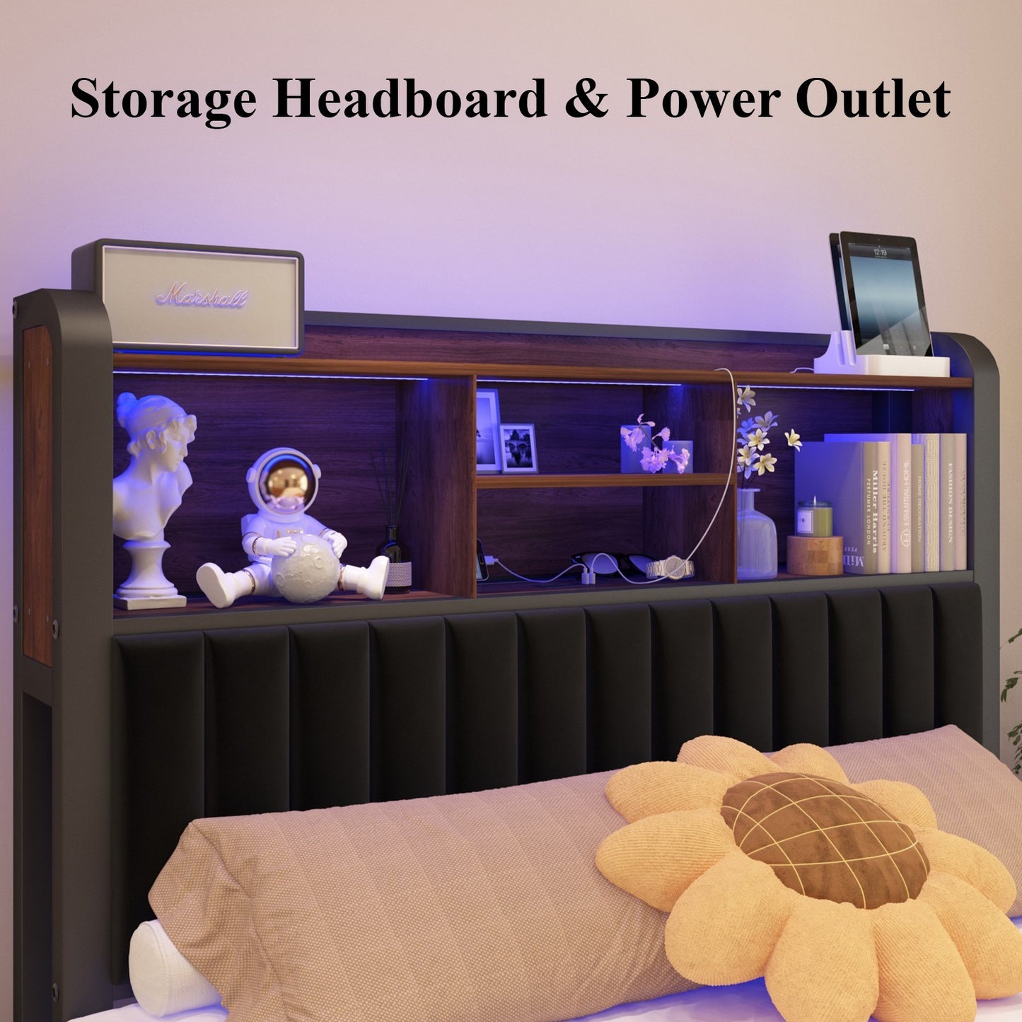 Full/Queen Size Bed Frame with Storage Headboard, LED Lights, Charging Station