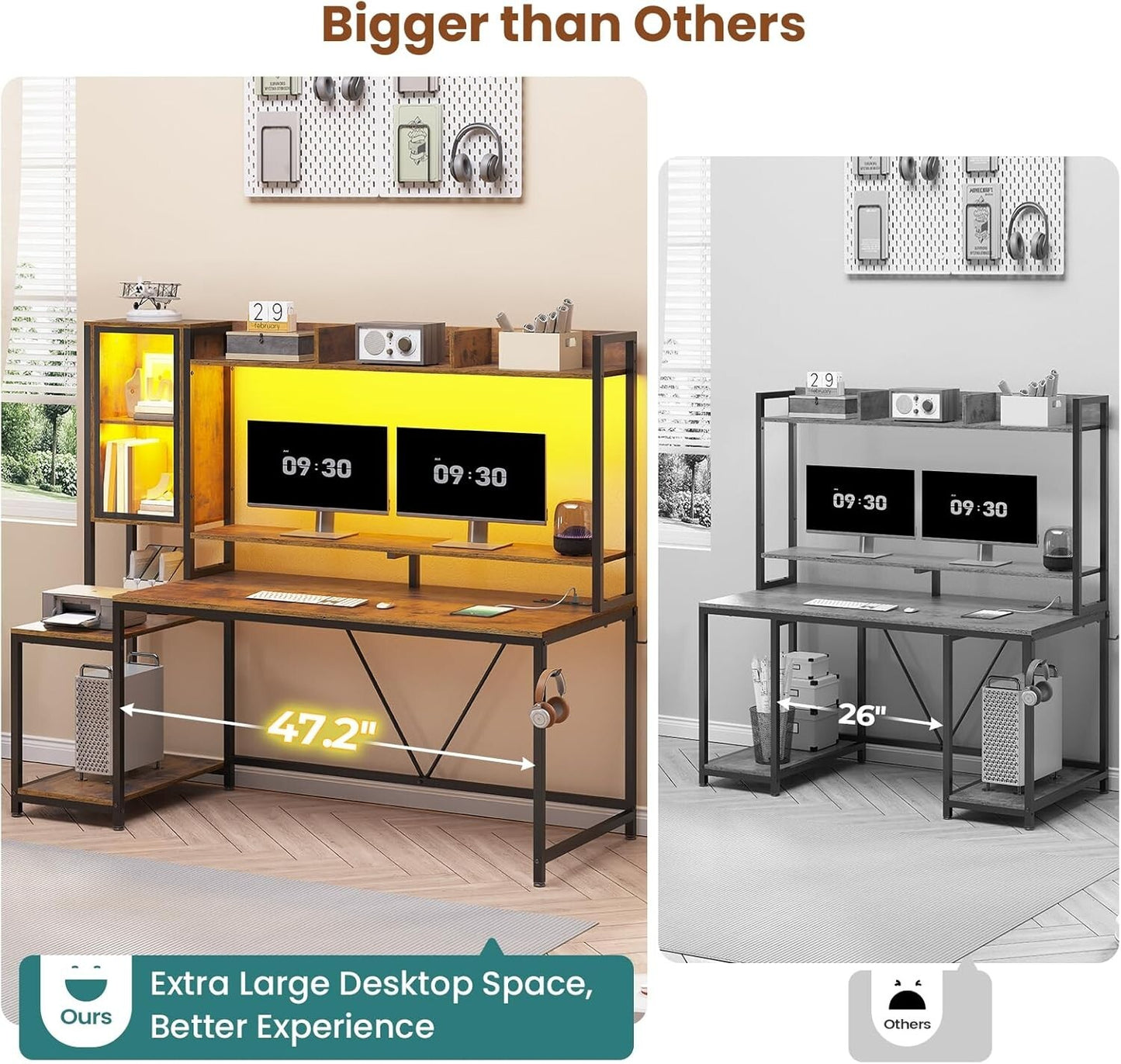 60'' Gaming Desk with Hutch and LED Lights, Computer Desk with Storage Shelves