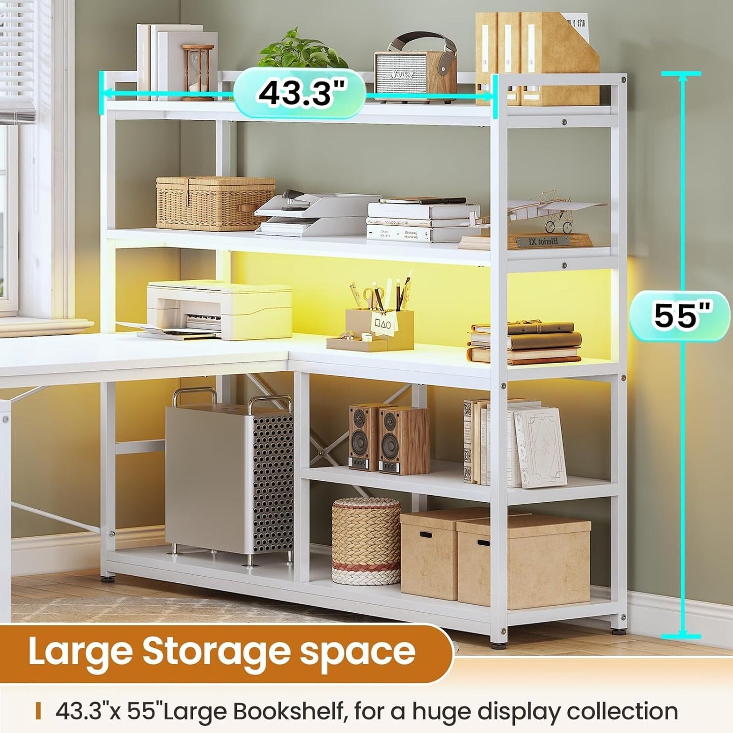 L Shaped Computer Desk, 63" Reversible Office Desk w/Storage Shelves &LED Lights