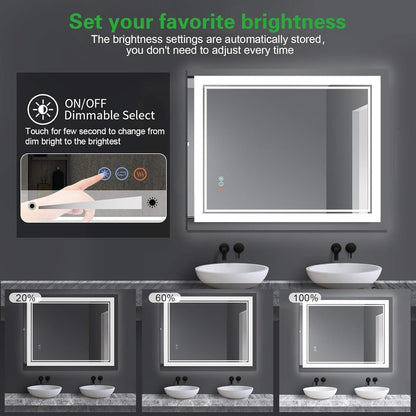 40”x 32” LED Bathroom Mirror, Wall Vanity Mirror, 3 Colors Touch , Anti-Fog