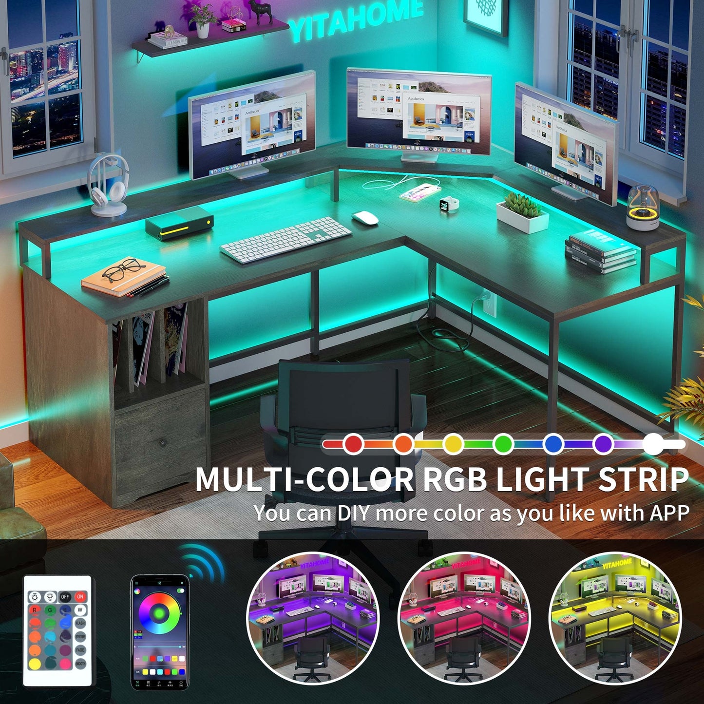 L Shaped Desk Corner Gaming Desk Computer Desk with Power Outlets & LED Lights