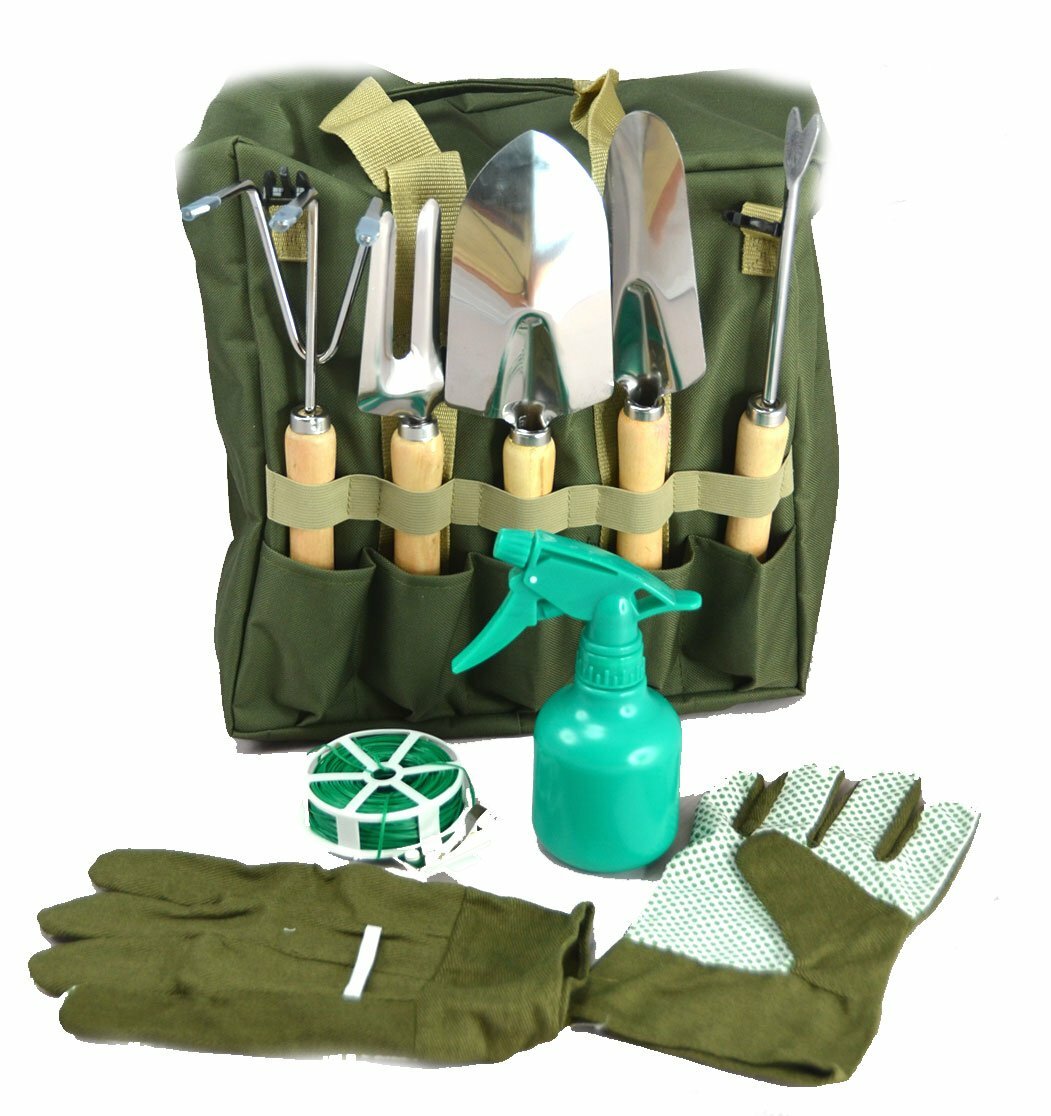 10-piece Gardening Tool Set with Zippered Detachable Tote and Folding Stool Seat