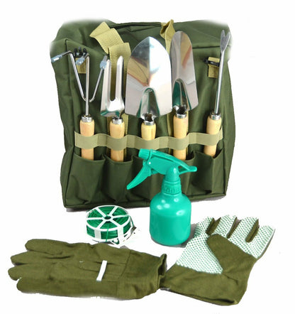 10-piece Gardening Tool Set with Zippered Detachable Tote and Folding Stool Seat