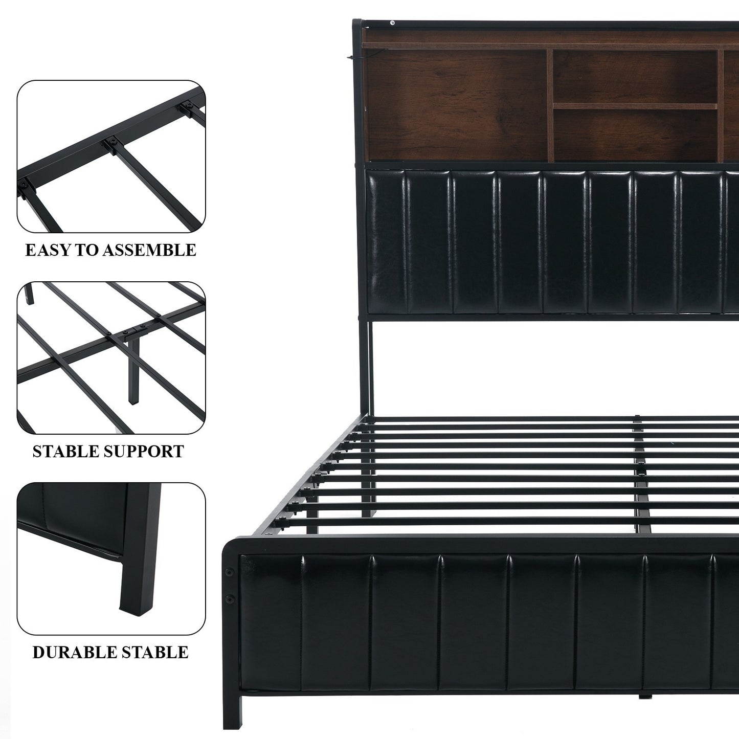 Full/Queen Size Bed Frame with Storage Headboard, LED Lights, Charging Station
