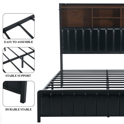 Full/Queen Size Bed Frame with Storage Headboard, LED Lights, Charging Station