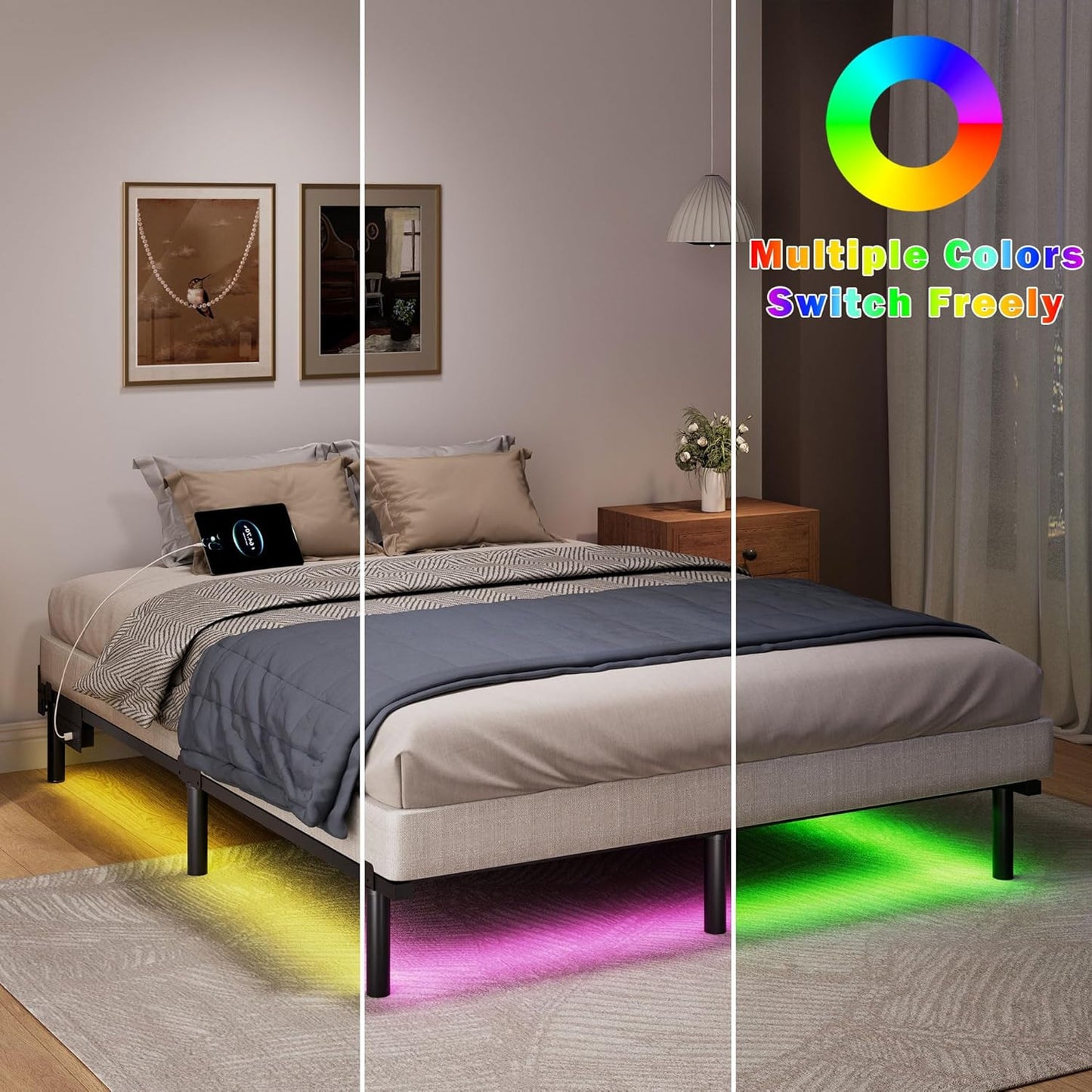 Queen Size Bed Frame with LED, 7 Inch Metal Steel Bedframe for Box Spring and Ma
