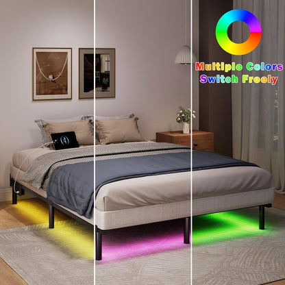Queen Size Bed Frame with LED, 7 Inch Metal Steel Bedframe for Box Spring and Ma