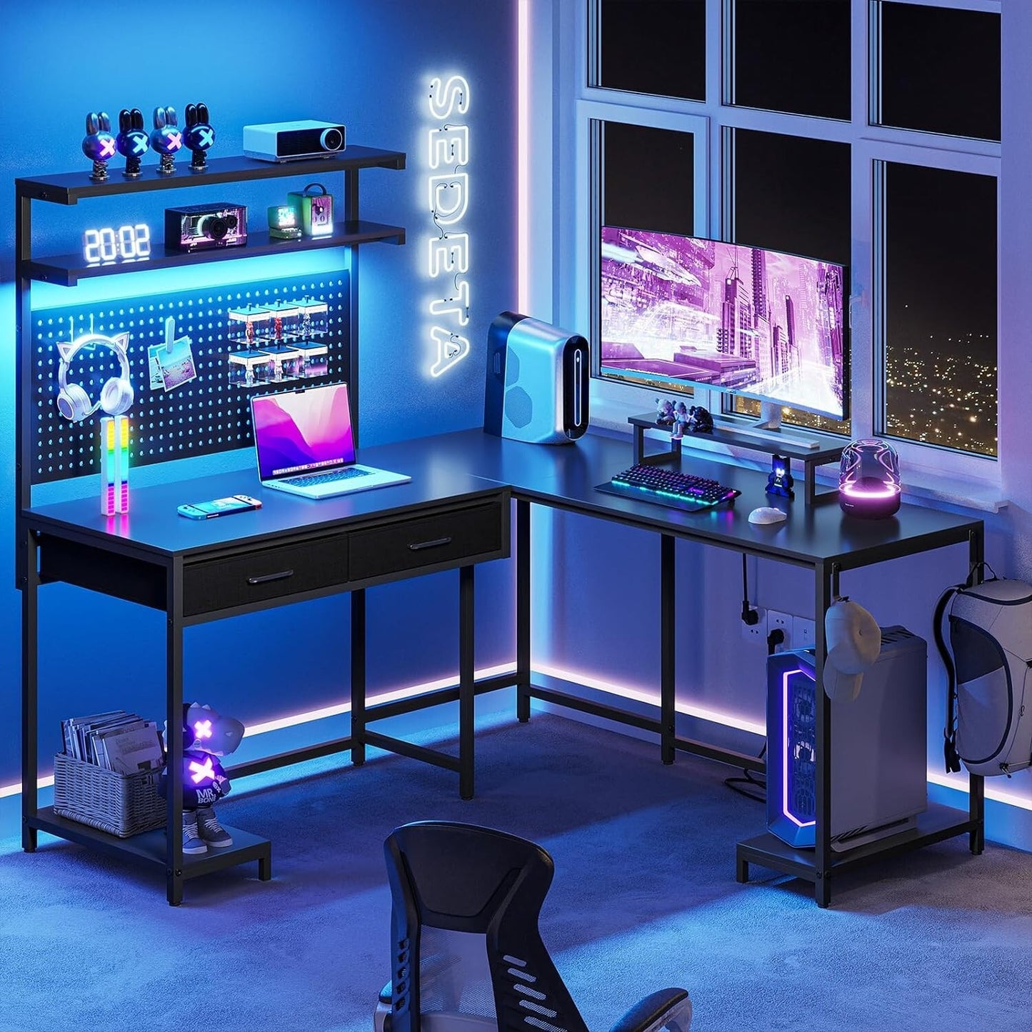 L Shaped Gaming Desk with LED Lights&Monitor Stand Computer Desk for Home Office