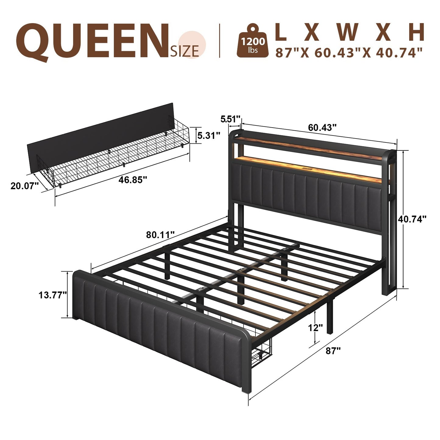 Full Queen Size Metal Platform Bed Frame with 2-Tier Storage Headboard＆Drawers