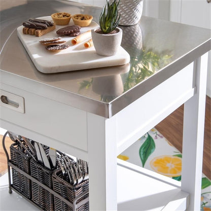 Linon Sydney Wood Rolling Kitchen Storage Cart Stainless Steel Top In White