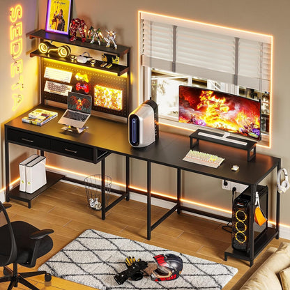 L Shaped Gaming Desk with LED Lights&Monitor Stand Computer Desk for Home Office