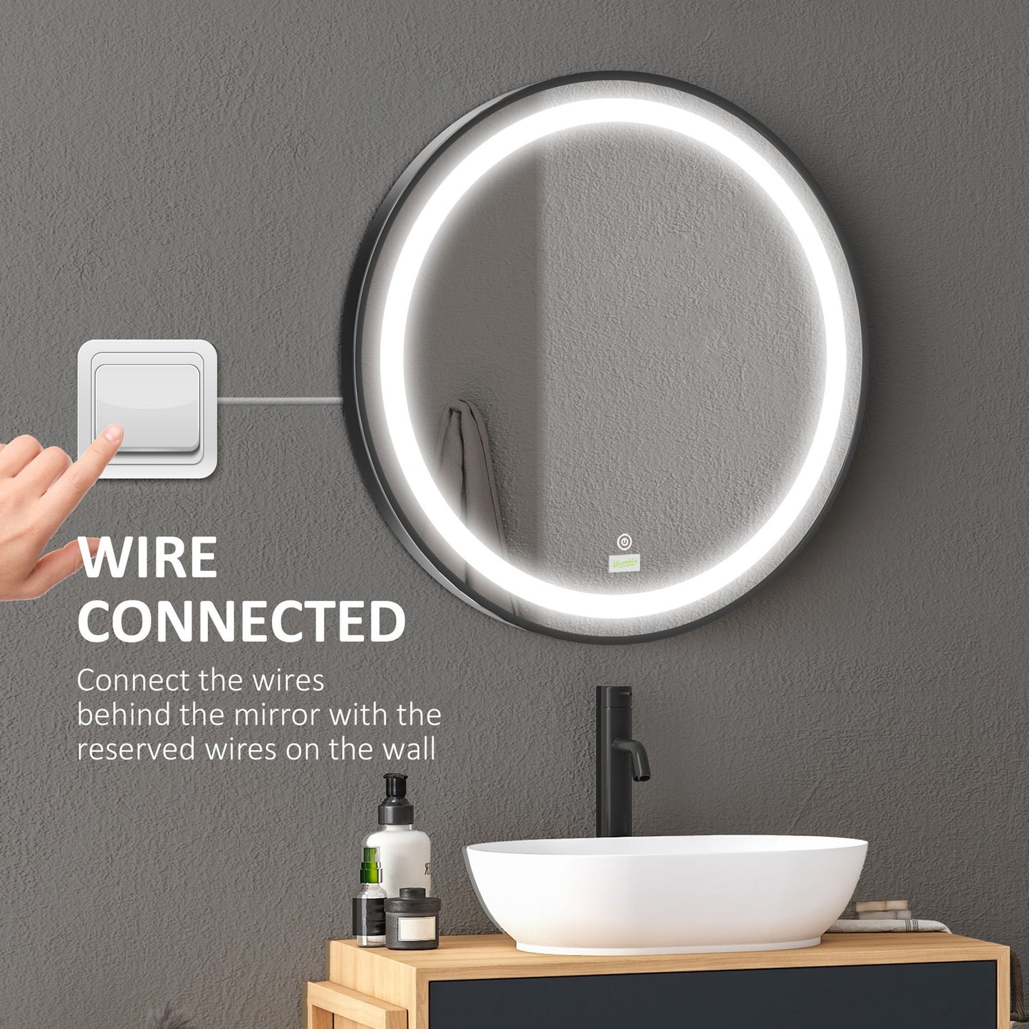 24" LED Smart Bathroom Mirror Wall Mounted Round Vanity Mirror w/ Lights, Black