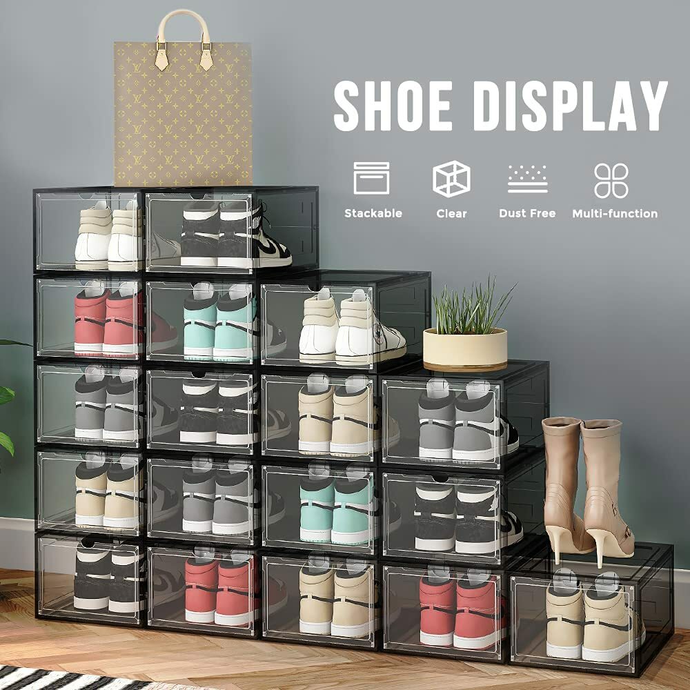12 Clear Shoe Boxes Magnetic Drop Front Sneaker Rack Storage Organizer Stackable